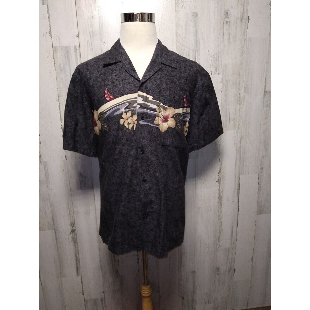 VTG Hawaii Blues Gray Floral Camp Shirt XL USA Magnum Mens Luau